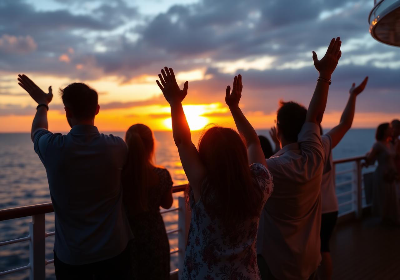 Adoração no convés ao pôr do sol